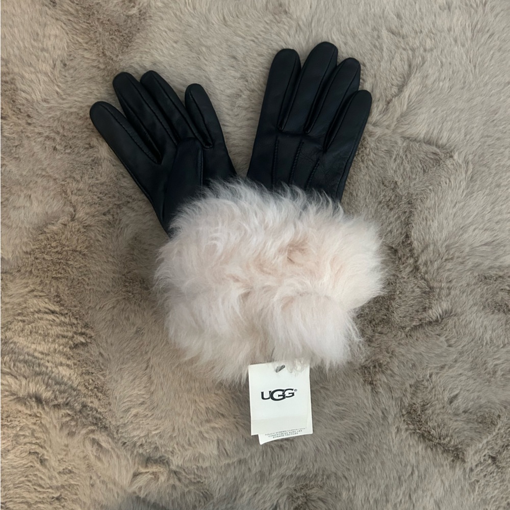UGG Black Leather Gloves with Cream/Pink Shearling Cuffs